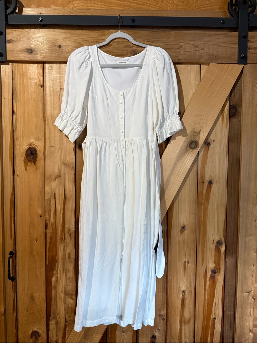 Emerson Fry Meadows White Button-Front Midi Dress with Puff Sleeves